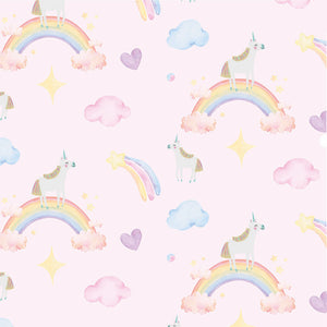 Papel tapiz fondo rosa con arcoiris y unicornios